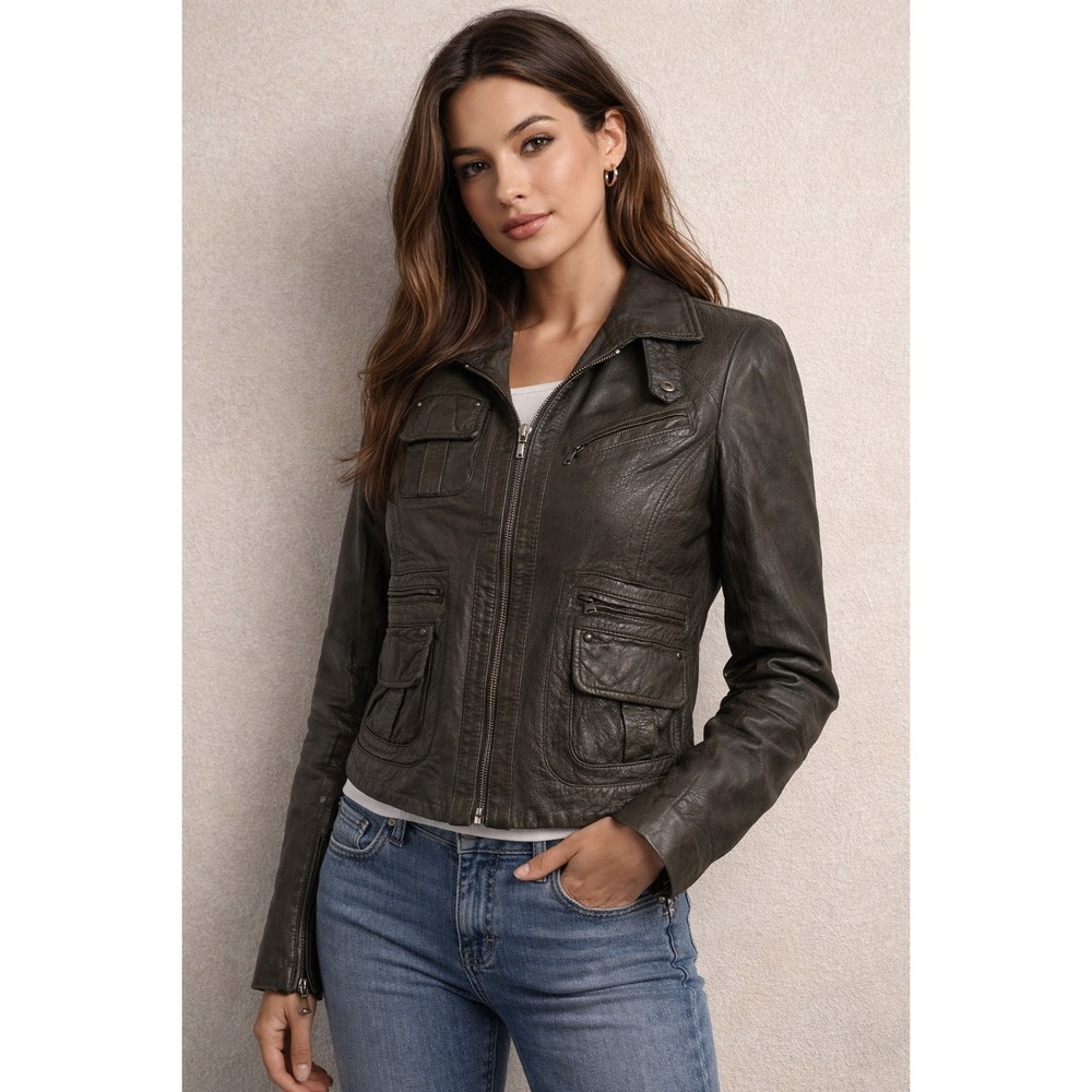 Boston Proper Leather Moto Jacket‎ Women's Size 2 Olive Green Zip Front Pockets